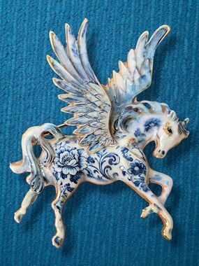 Pegasus Brooch - Blue & White Floral Porcelain Look Enamel